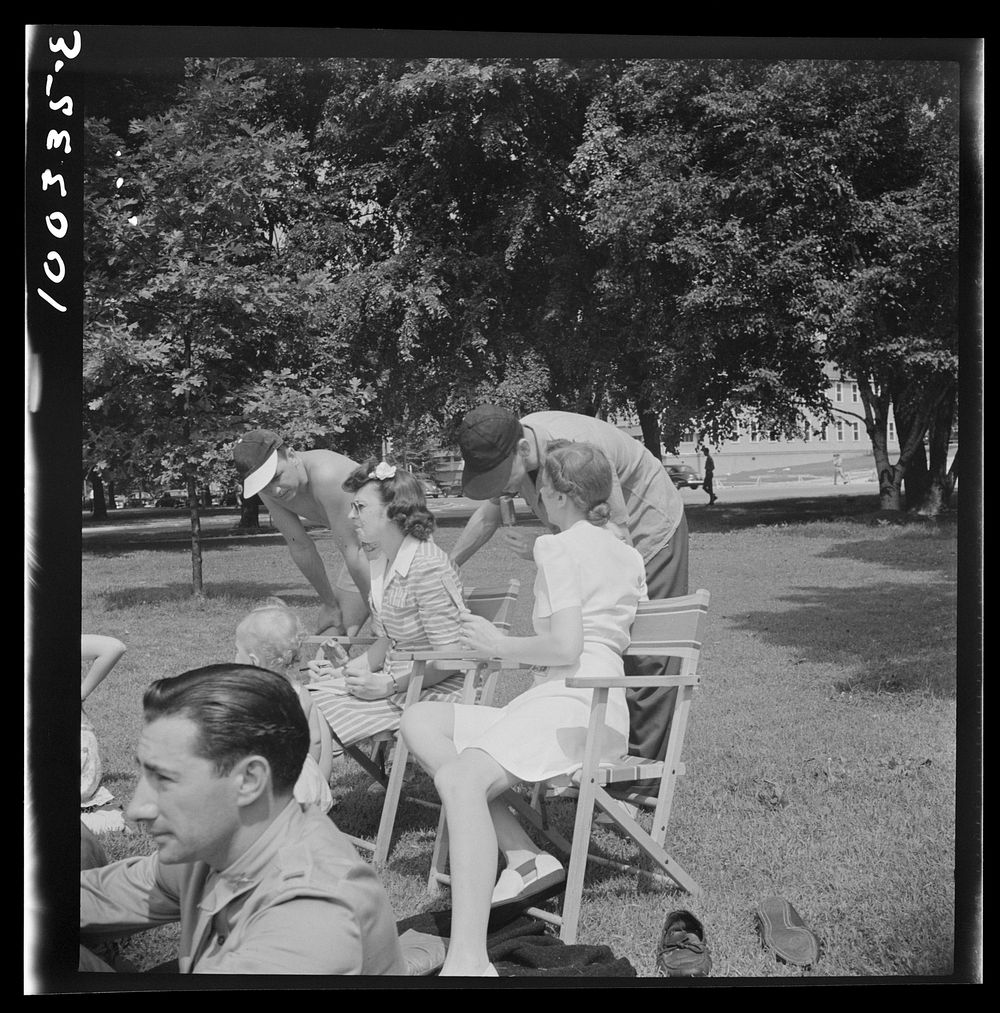 [Untitled photo, possibly related to: Washington, D.C. Audience of wives watching their husbands play amateur baseball on a…