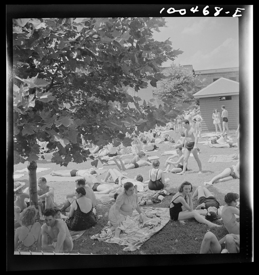 [Untitled photo, possibly related to: Washington, D.C. Sunbathers on the grass next to the municipal swimming pool on…