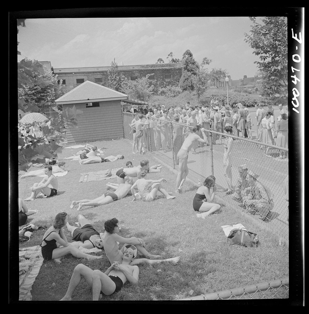 Washington, D.C. Sunbathers on the grass next to the municipal swimming pool on Sunday. Sourced from the Library of Congress.