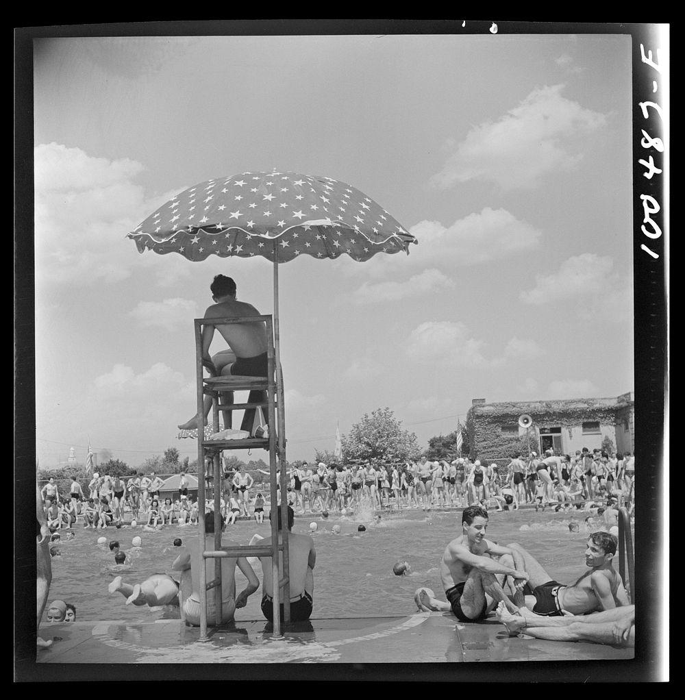 [Untitled photo, possibly related to: Washington, D.C. Municipal swimming pool on Sunday]. Sourced from the Library of…