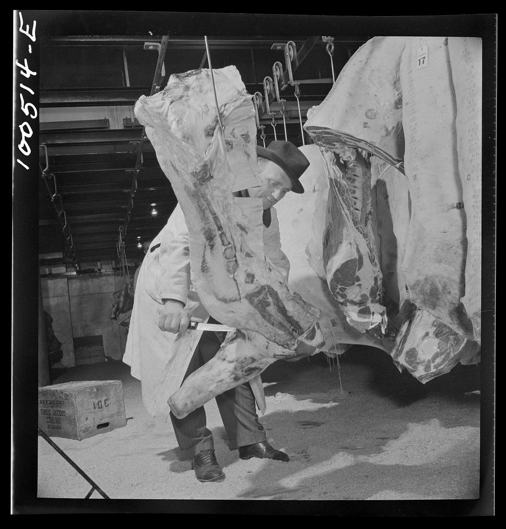 [Untitled photo, possibly related to: Washington, D.C. Quartering beef in the District grocery store warehouse cold room].…