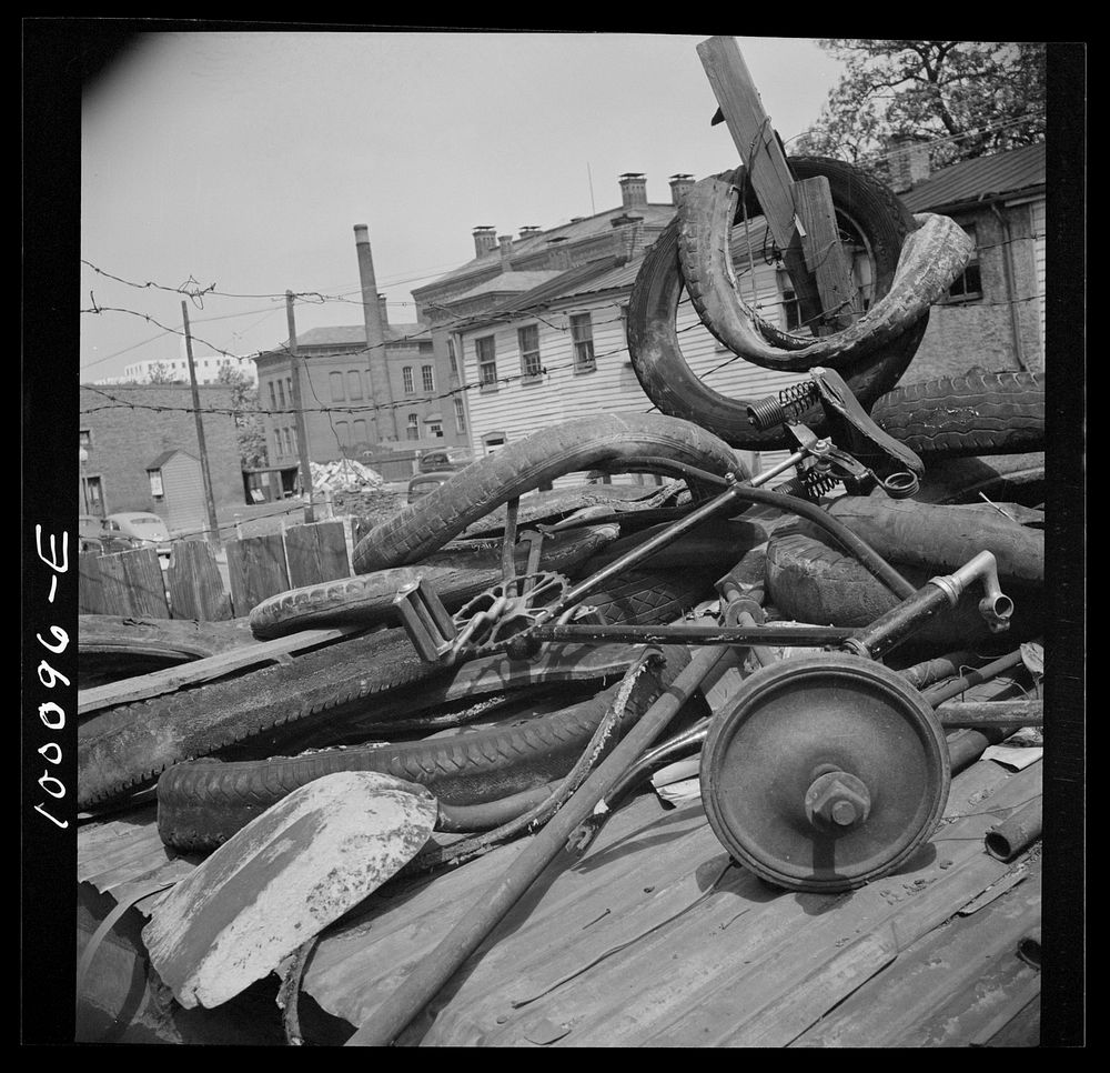 Washington, D.C. Scrap salvage campaign, Victory Program. Bicycle, tires and shovel in yard of retail junk dealer. Sourced…