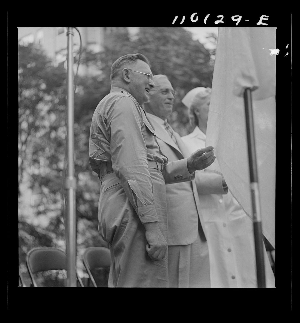 [Untitled photo, possibly related to: Detroit, Michigan. Flag presentation ceremonies at Harper Hospital. Colonel Carstens…