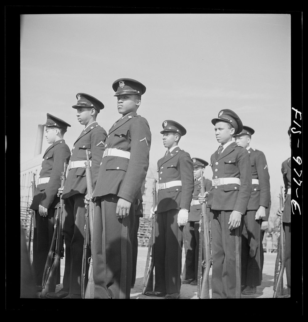 [Untitled photo, possibly related to: Washington, D.C. Military unit in Armstrong Technical High School which is trained by…