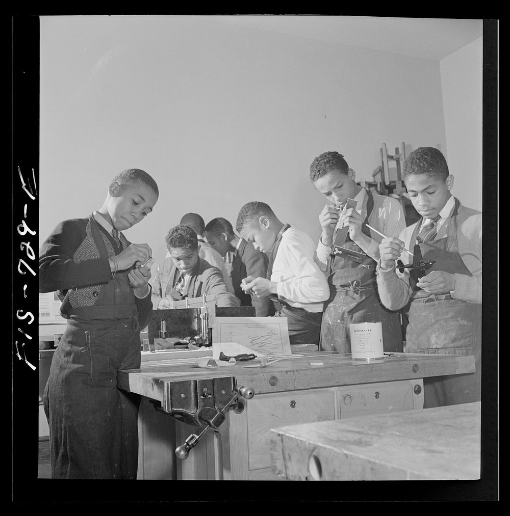 [Untitled photo, possibly related to: Washington, D.C. Making model airplanes for U.S. Navy at the Armstrong Technical High…