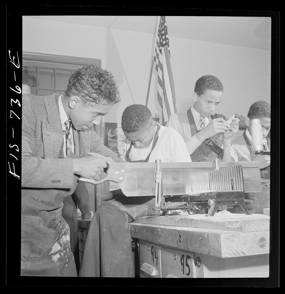 [Untitled photo, possibly related to: Washington, D.C. Making model airplanes for U.S. Navy at the Armstrong Technical High…
