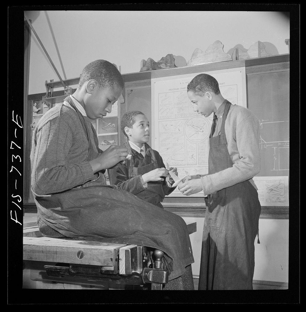 Washington, D.C. Making model airplanes for U.S. Navy at the Armstrong Techincal High School. Sourced from the Library of…