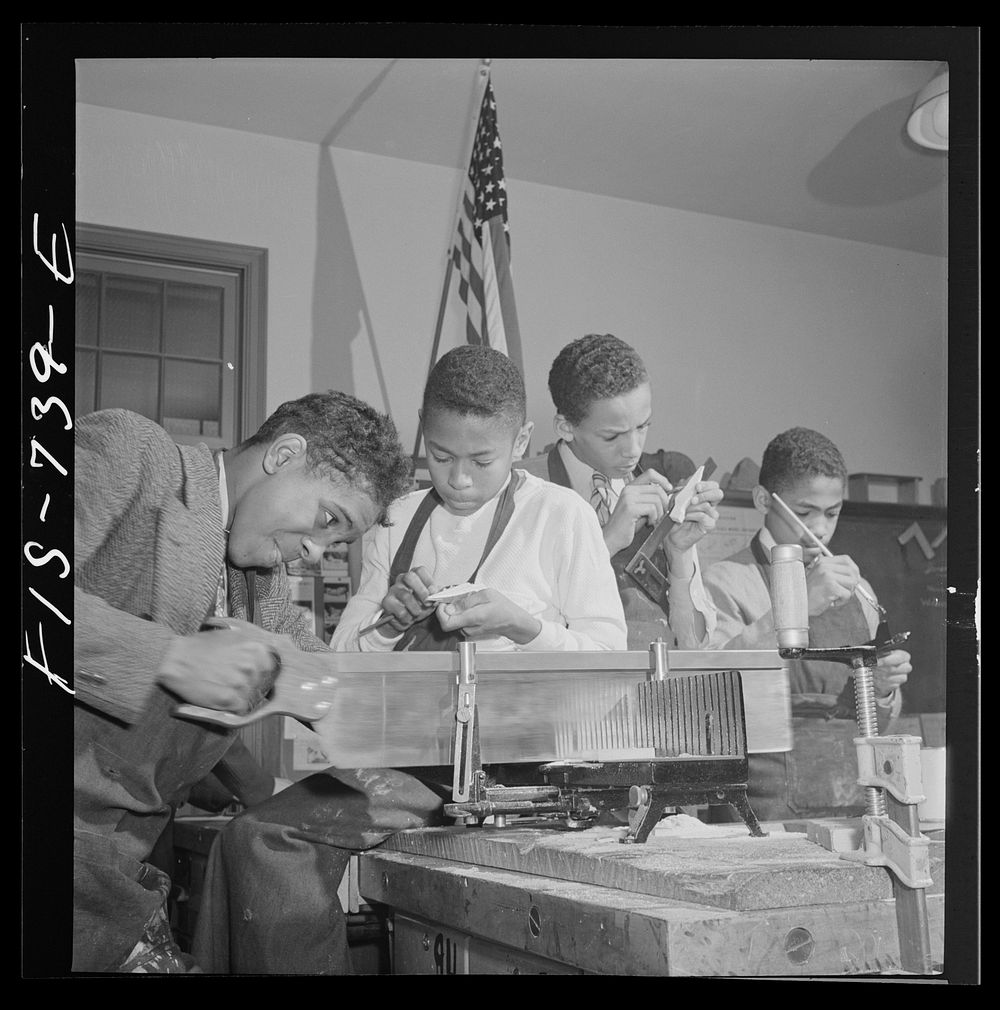 Washington, D.C. Making model airplanes for U.S. Navy at the Armstrong Technical High School. Sourced from the Library of…