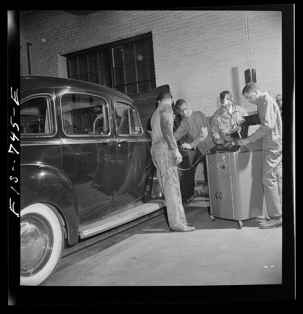 [Untitled photo, possibly related to: Washington, D.C. Class in car repairs at the Armstrong Technical High School]. Sourced…