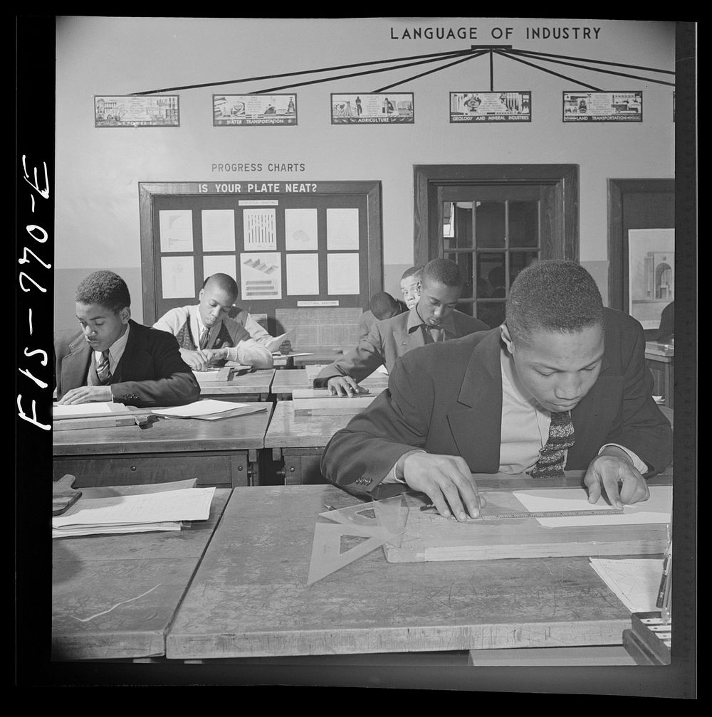 [Untitled photo, possibly related to: Washington, D.C. Drafting class at the Armstrong Technical High School]. Sourced from…