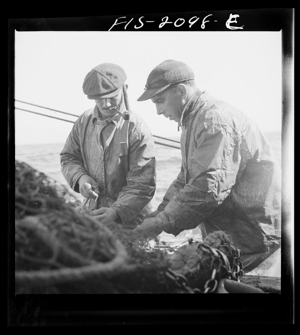 [Untitled photo, possibly related to: Provincetown, Massachusetts. The trawl is constantly under repair, and while one net…