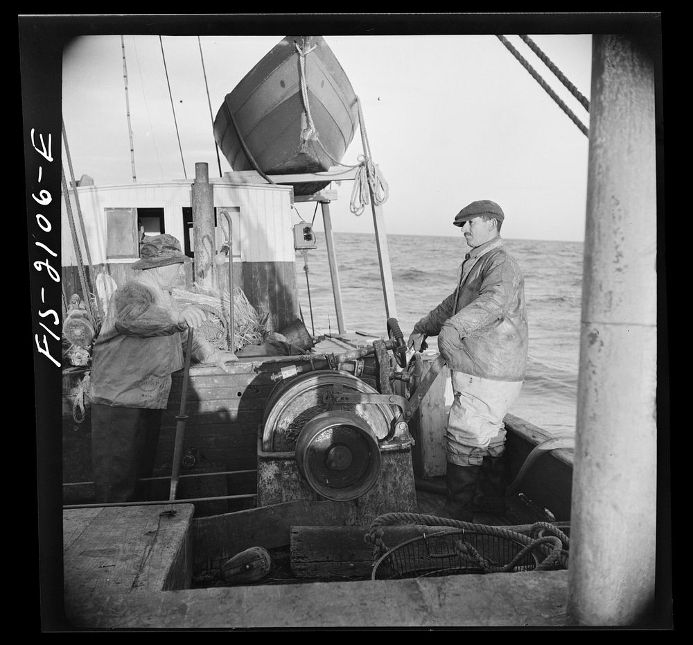 Provincetown, Massachusetts. Aboard the Frances and Marion, a Portuguese drag trawler, fishing off Cape Cod. Winchman…
