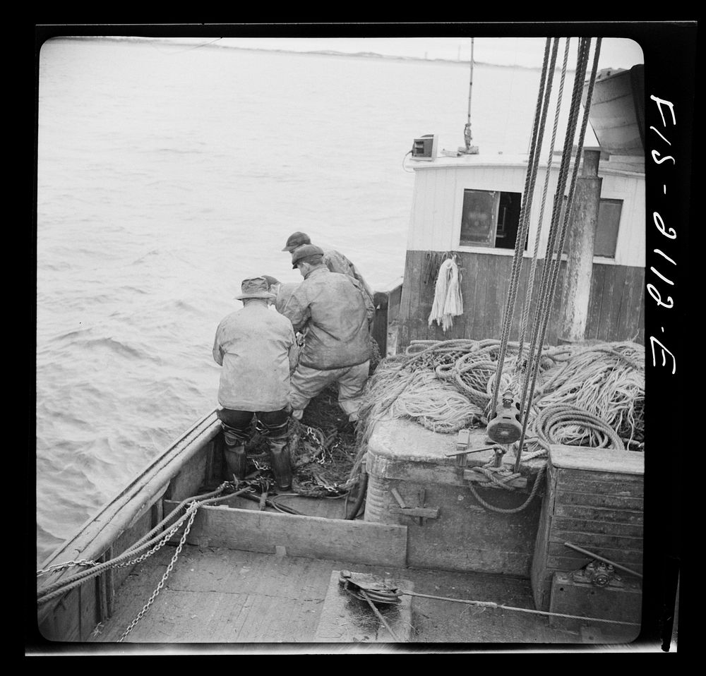 [Untitled photo, possibly related to: Provincetown, Massachusetts. The trawl is constantly under repair, and while one net…