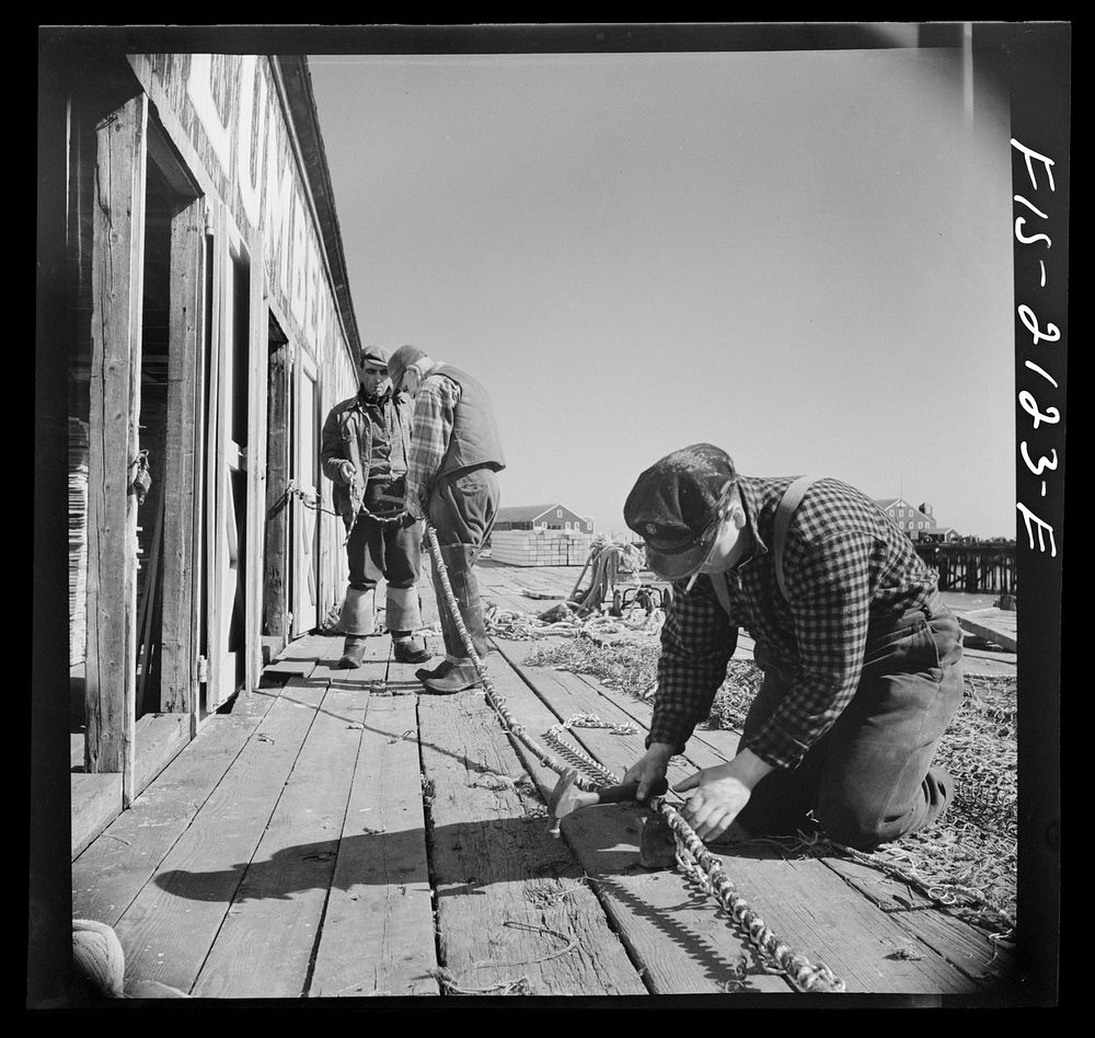 Provincetown, Massachusetts. Net mending. Sourced from the Library of Congress.