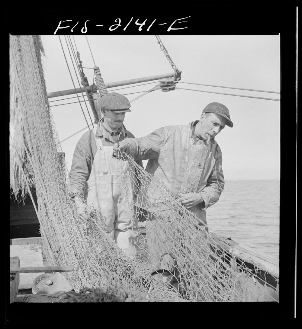 Provincetown, Massachusetts. The trawl is constantly under repair, and while one net is down a second is being mended by all…