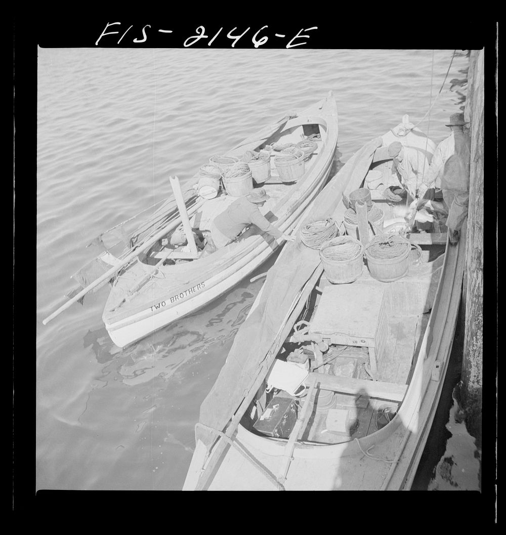 Provincetown, Massachusetts. Portuguese dory fishermen alongside the commercial pier after their day's work. Sourced from…