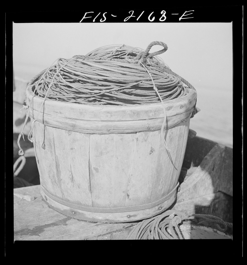 Tub of lines aboard a Portuguese dory out off Cape Cod, Massachusetts. Sourced from the Library of Congress.