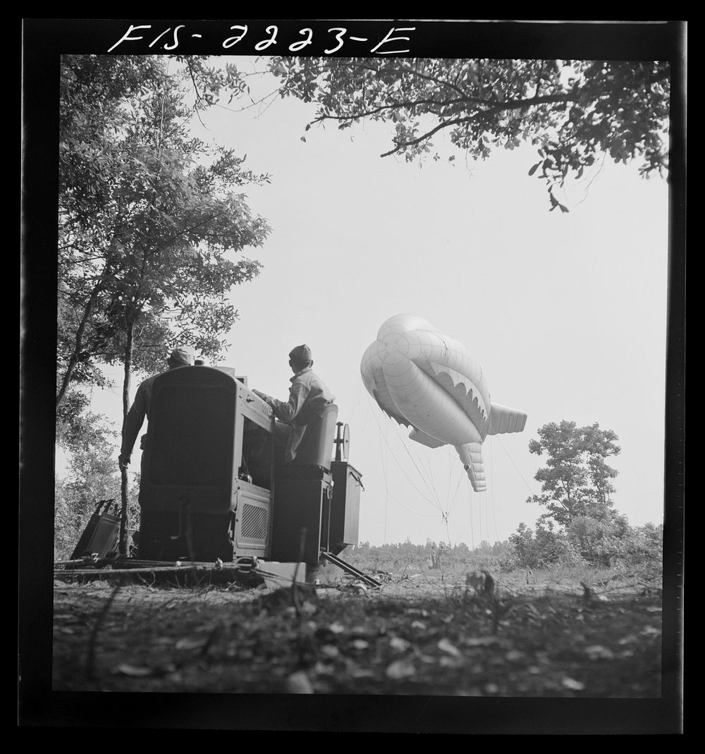 [Untitled photo, possibly related to: Parris Island, South Carolina. Tactical formations of barrage balloons prevent dive…