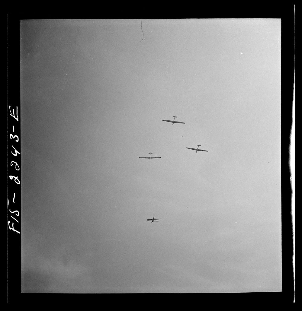 Parris Island, South Carolina. U.S. Marine Corps glider detachment training camp. Glider planes in flight. Sourced from the…