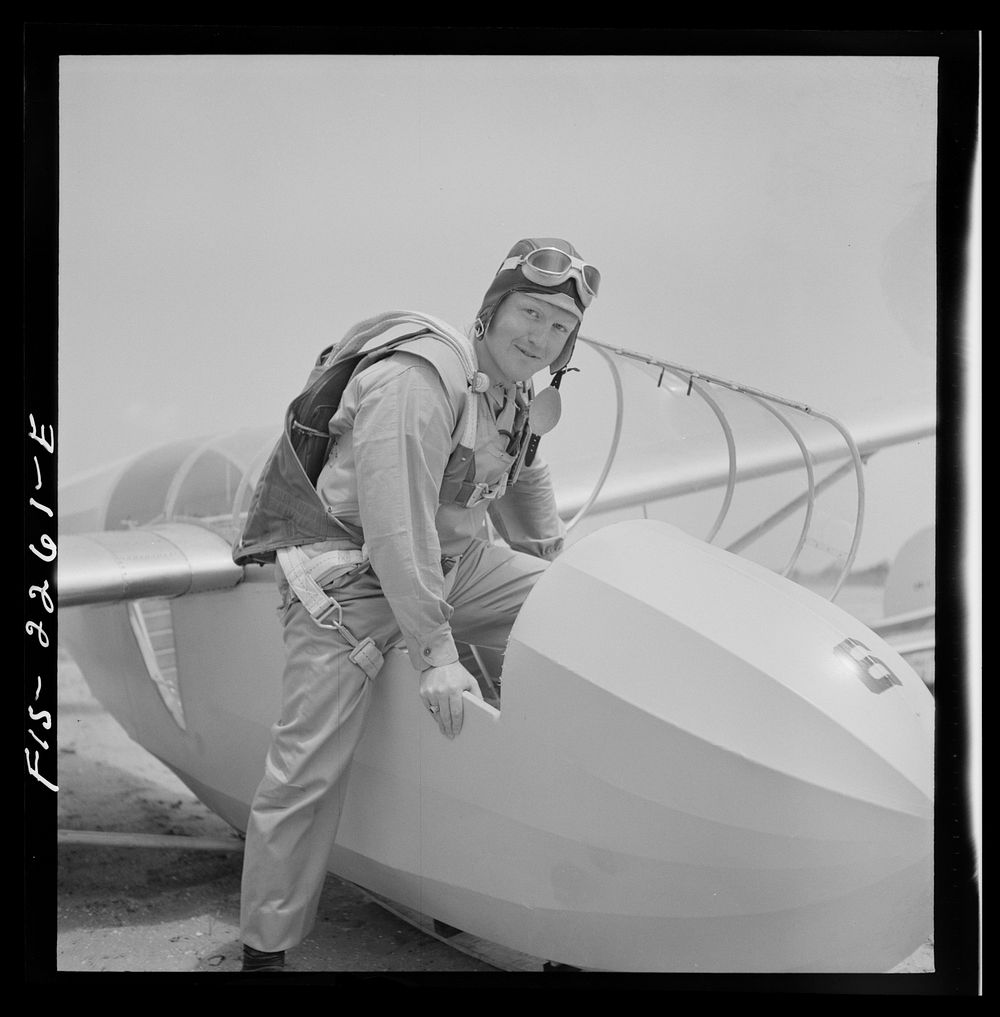 Parris Island, South Carolina. U.S. Marine Corps glider detachment training camp. Trainee ready for flight. Sourced from the…