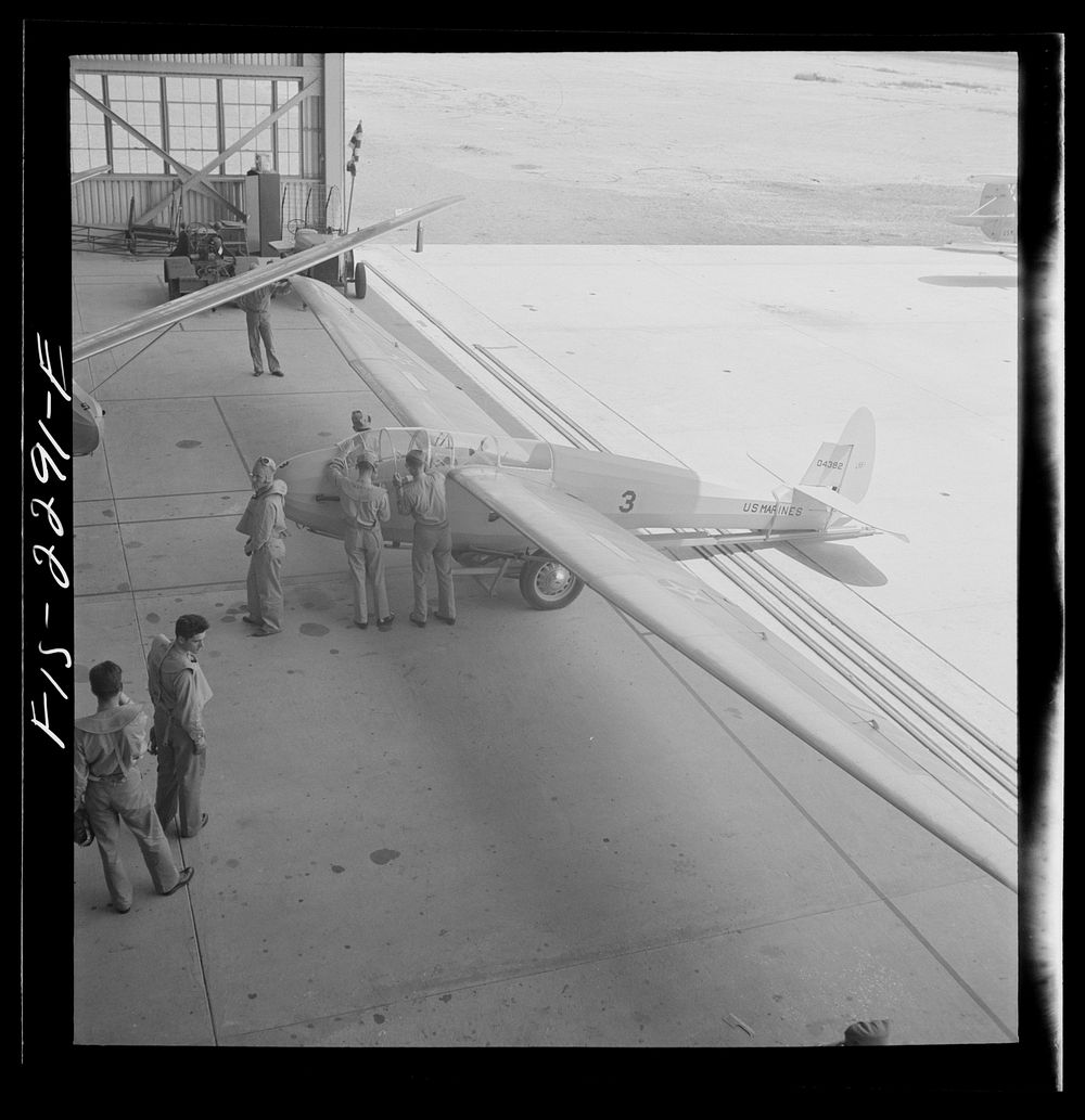 Parris Island, South Carolina. U.S. Marine Corps glider detachment training camp. The glider plane hangars. Sourced from the…