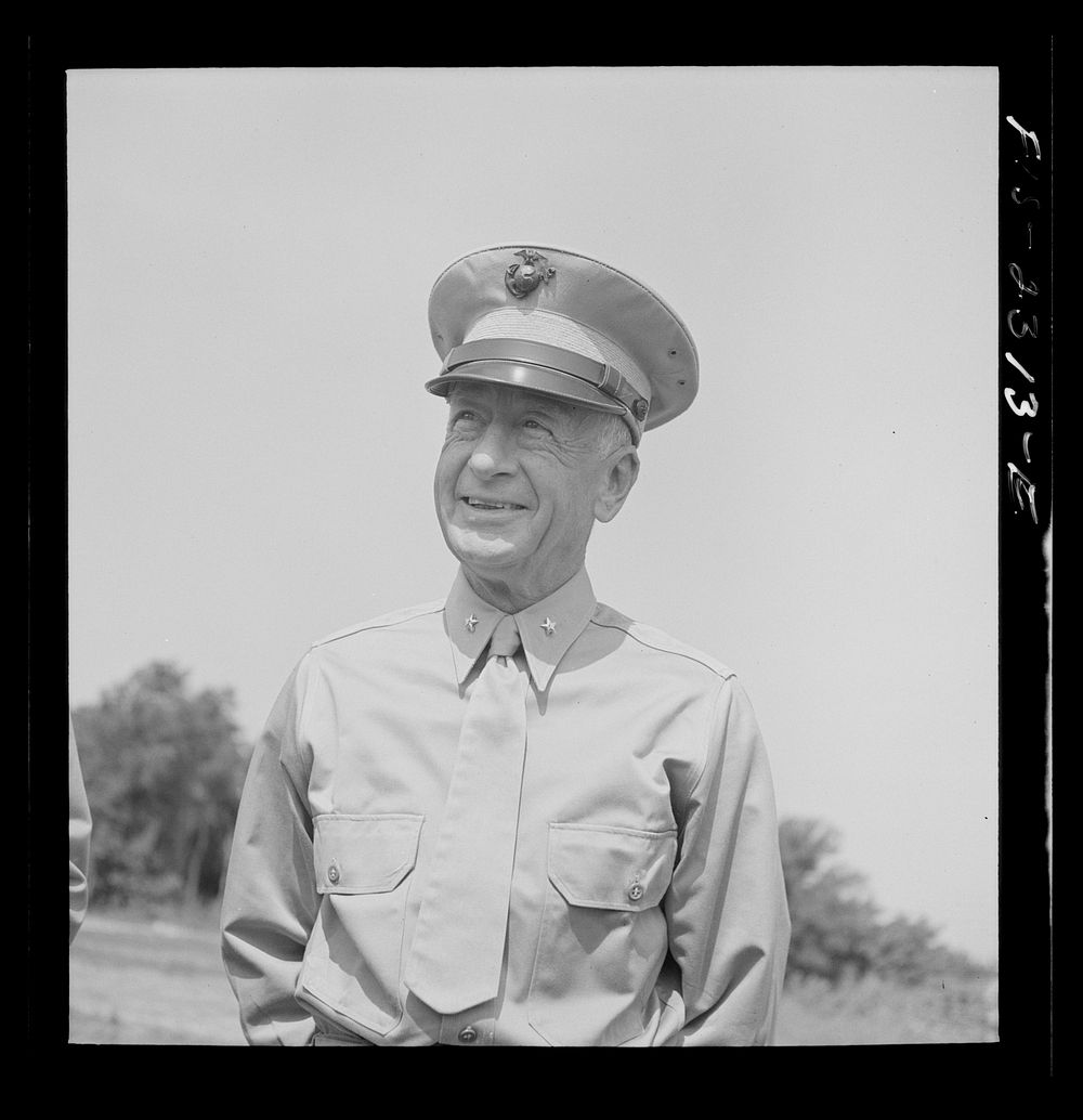 Brigadier General Emile Moses on an inspection trip, photographed at the glider detachment training camp at Parris Island…