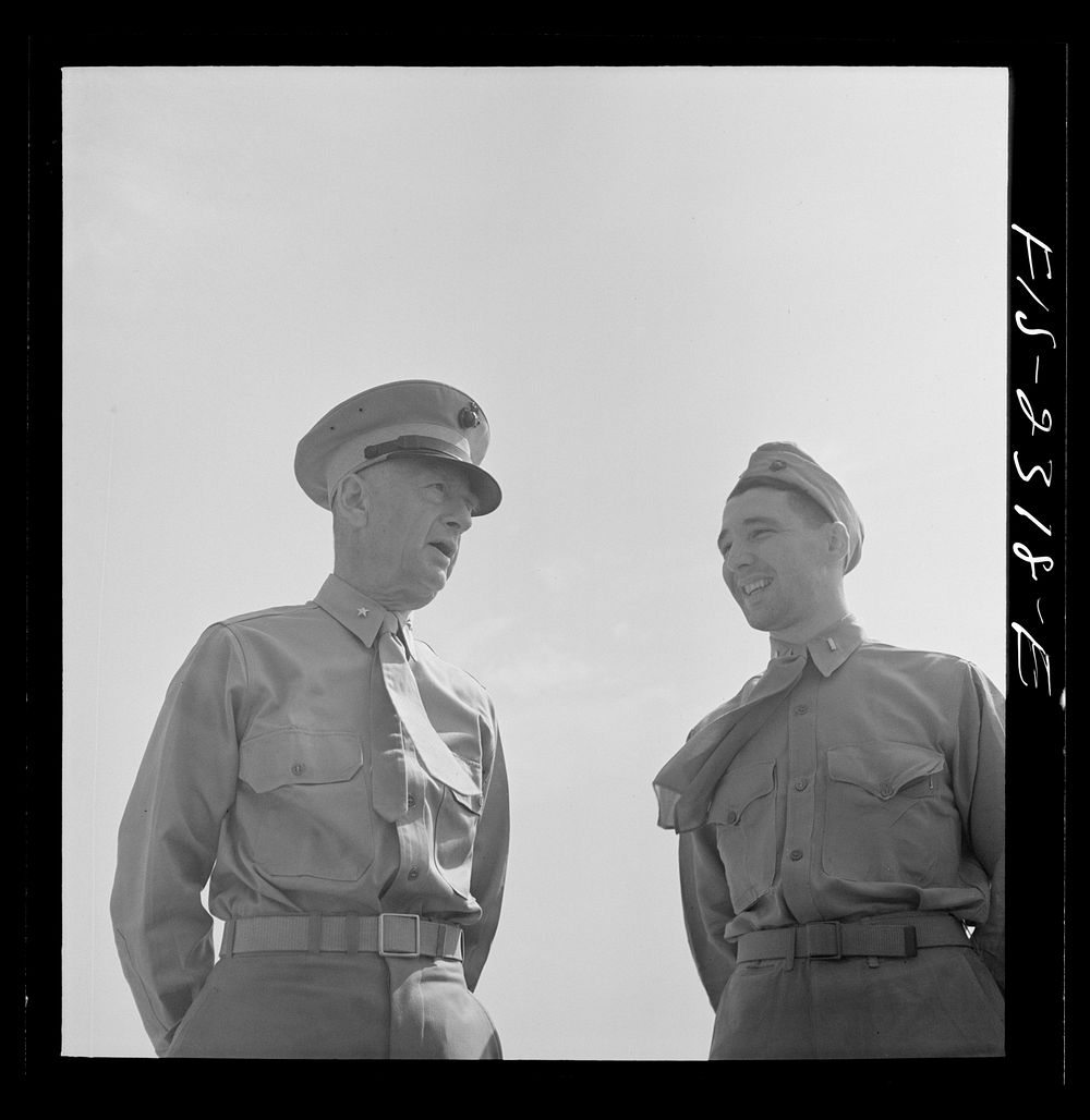 [Untitled photo, possibly related to: Parris Island, South Carolina. Brigadier General Emile Moses talking with a Marine…