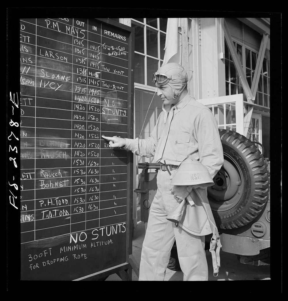 [Untitled photo, possibly related to: Parris Island, South Carolina. The operation board at the U.S. Marine Corps glider…