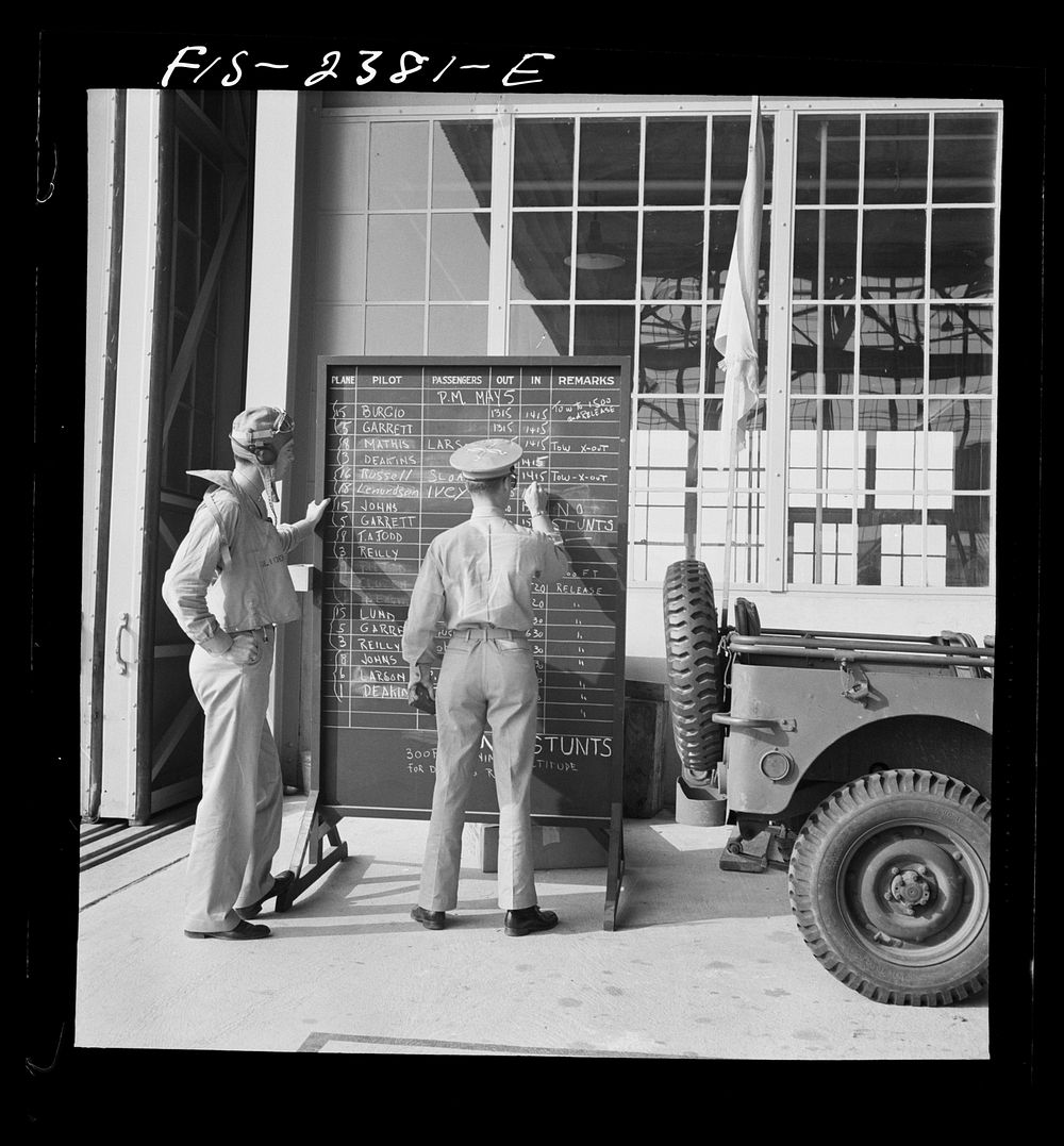 Parris Island, South Carolina. The operation board at the U.S. Marine Corps glider detachment training camp. Sourced from…