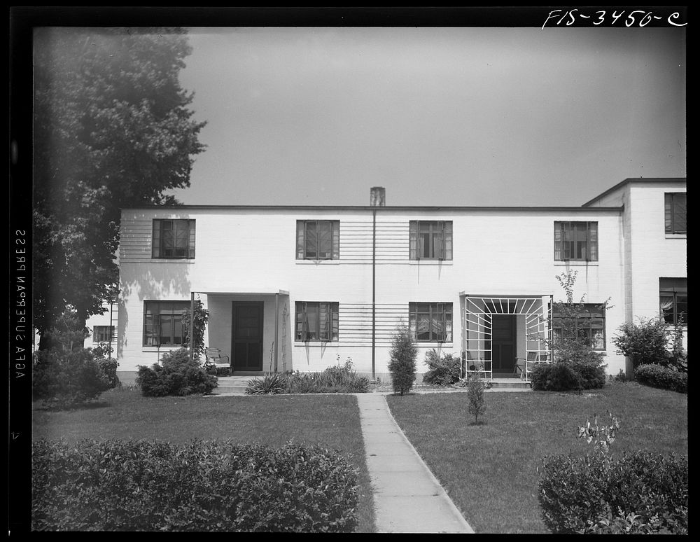 Greenbelt, Maryland. Federal housing project. Two flat-roofed houses from the front. Sourced from the Library of Congress.