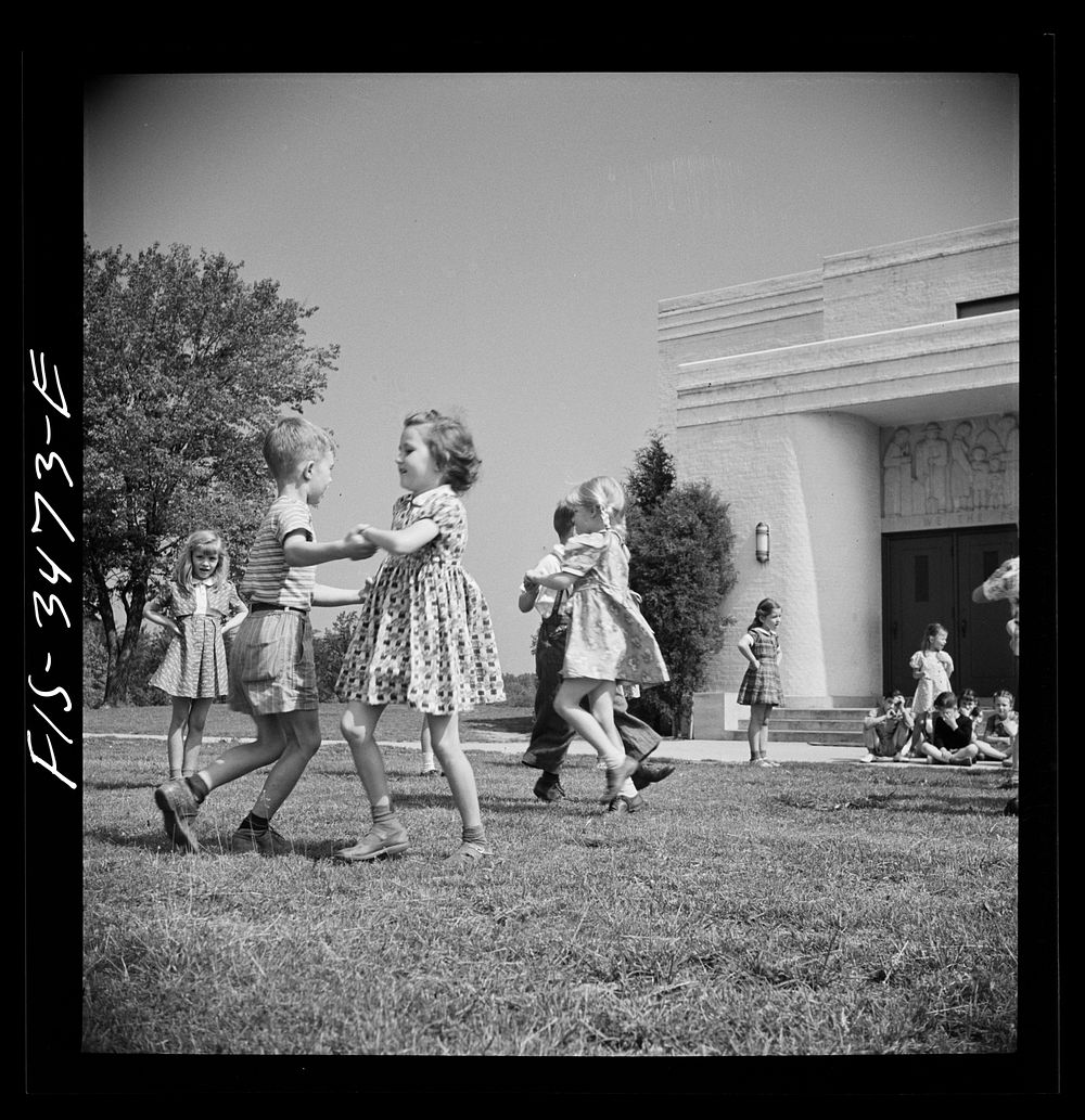[Untitled photo, possibly related to: Greenbelt, Maryland. Federal housing project. Kindergarten children practice their May…
