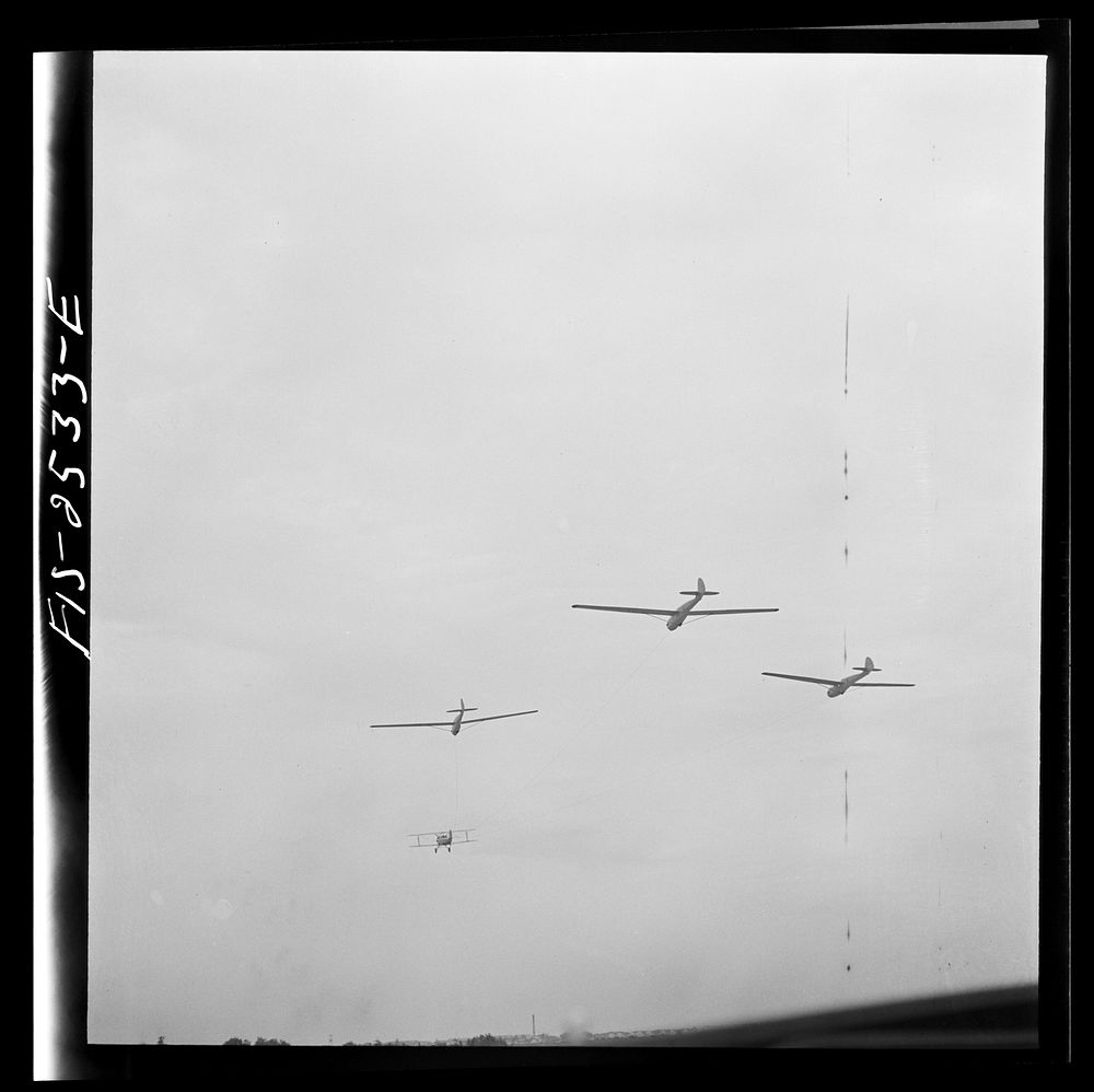 Parris Island, South Carolina. U.S. Marine Corps glider detachment training camp. Marine glider planes in flight. Sourced…