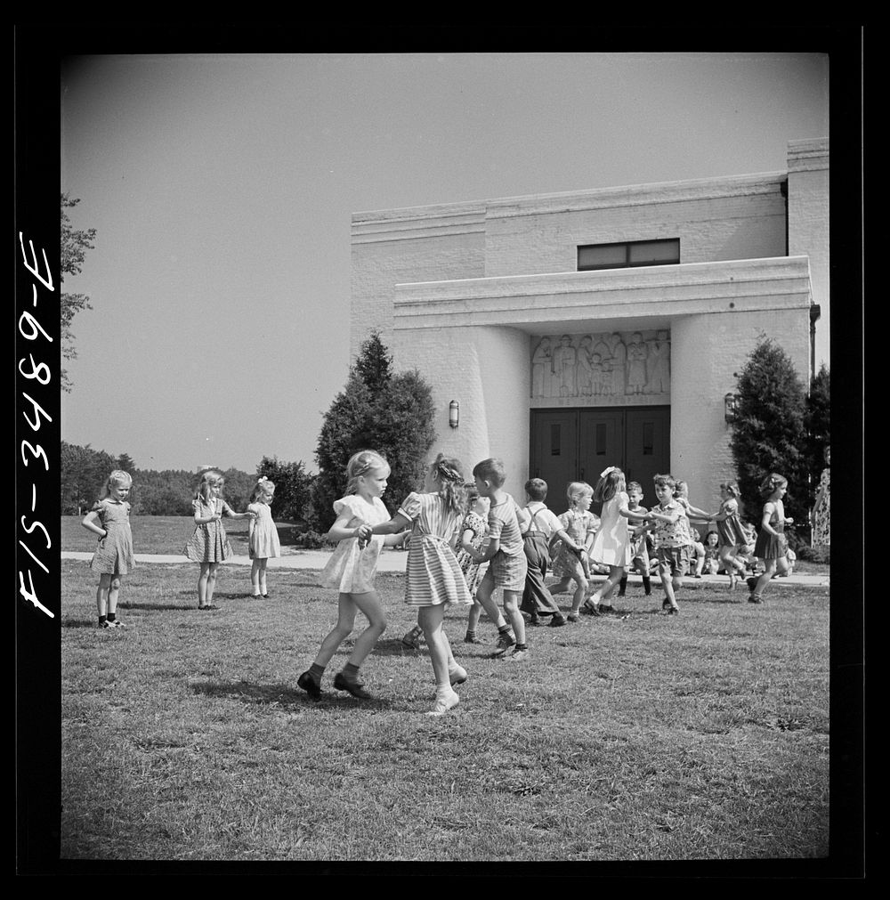 [Untitled photo, possibly related to: Greenbelt, Maryland. Federal housing project. Kindergarten children practice their May…