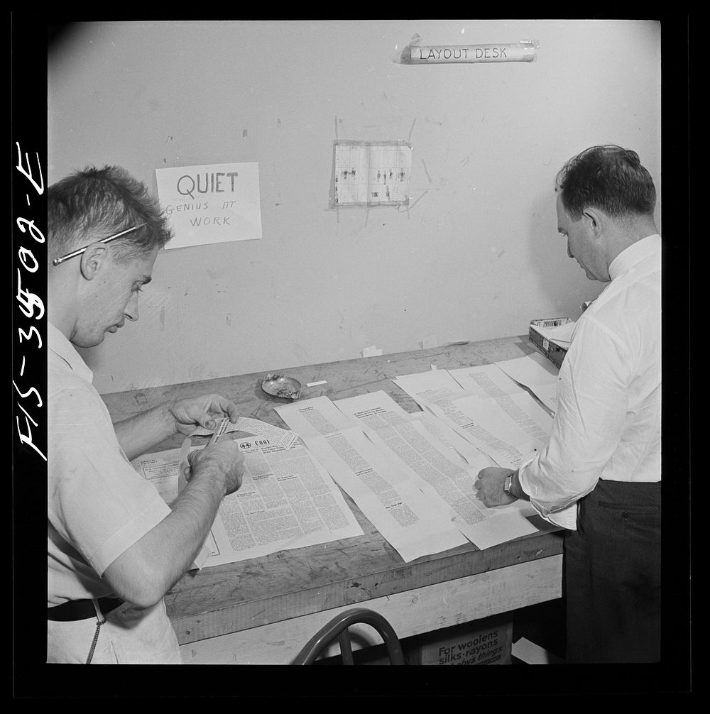 Greenbelt, Maryland. Federal housing project. Making up the Cooperator, a weekly newspaper. Sourced from the Library of…