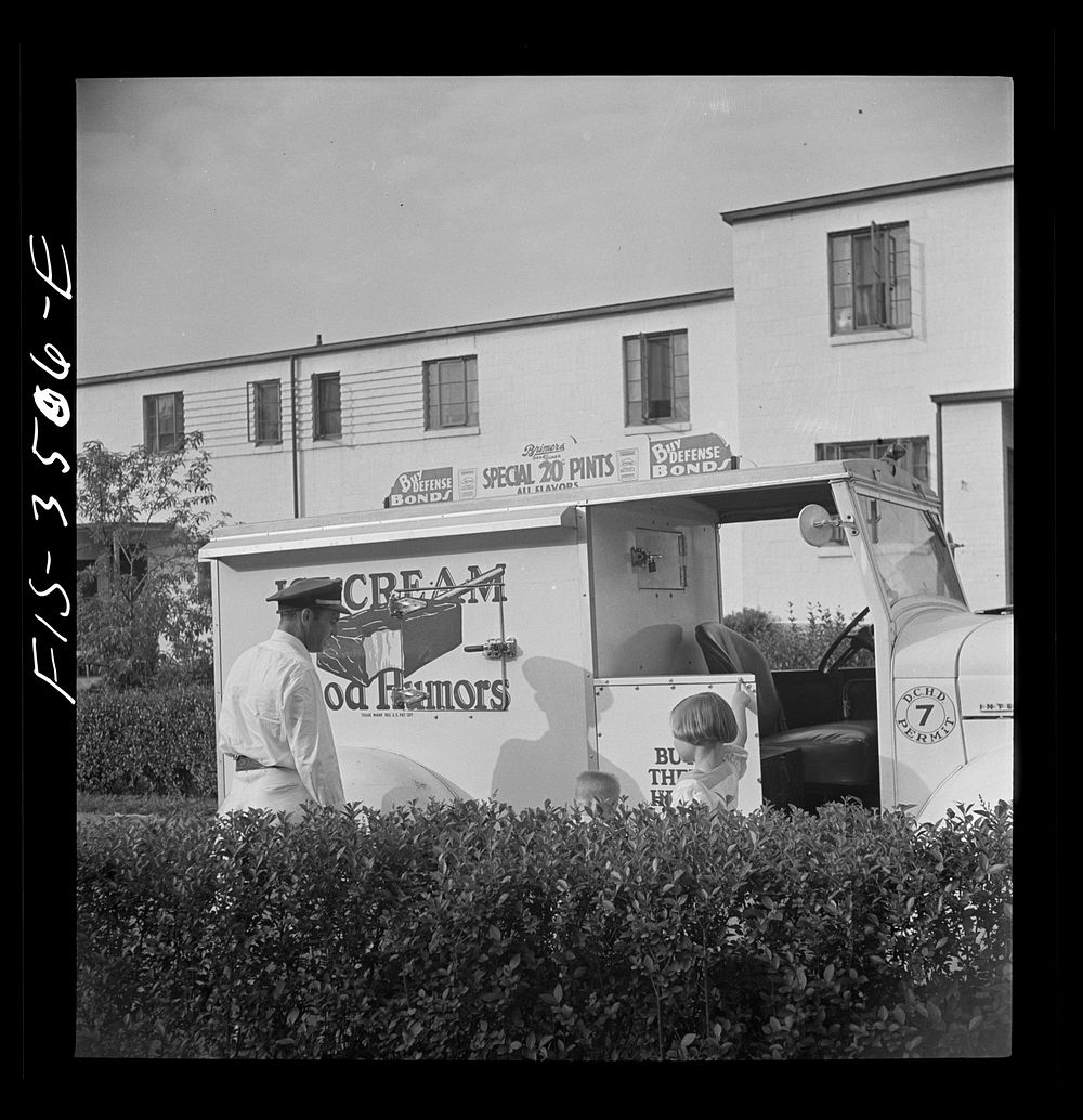 [Untitled photo, possibly related to: Greenbelt, Maryland. Federal housing project. The Good Humor man is a daily visitor in…