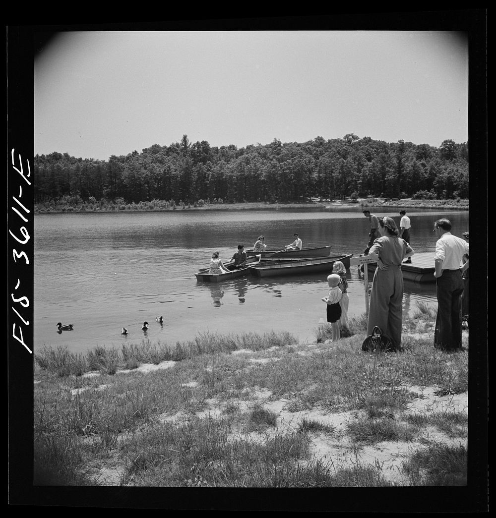 [Untitled photo, possibly related to: Greenbelt, Maryland. Feeding the ducks and boating on the artificial lake. No fishing…