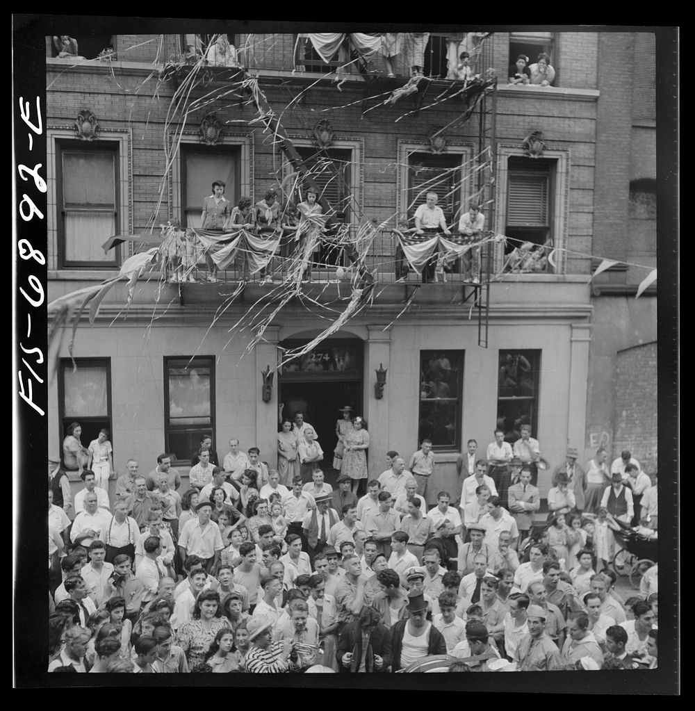 [Untitled photo, possibly related to: New York, New York. Dancing and music on Mott Street, at a flag raising ceremony in…