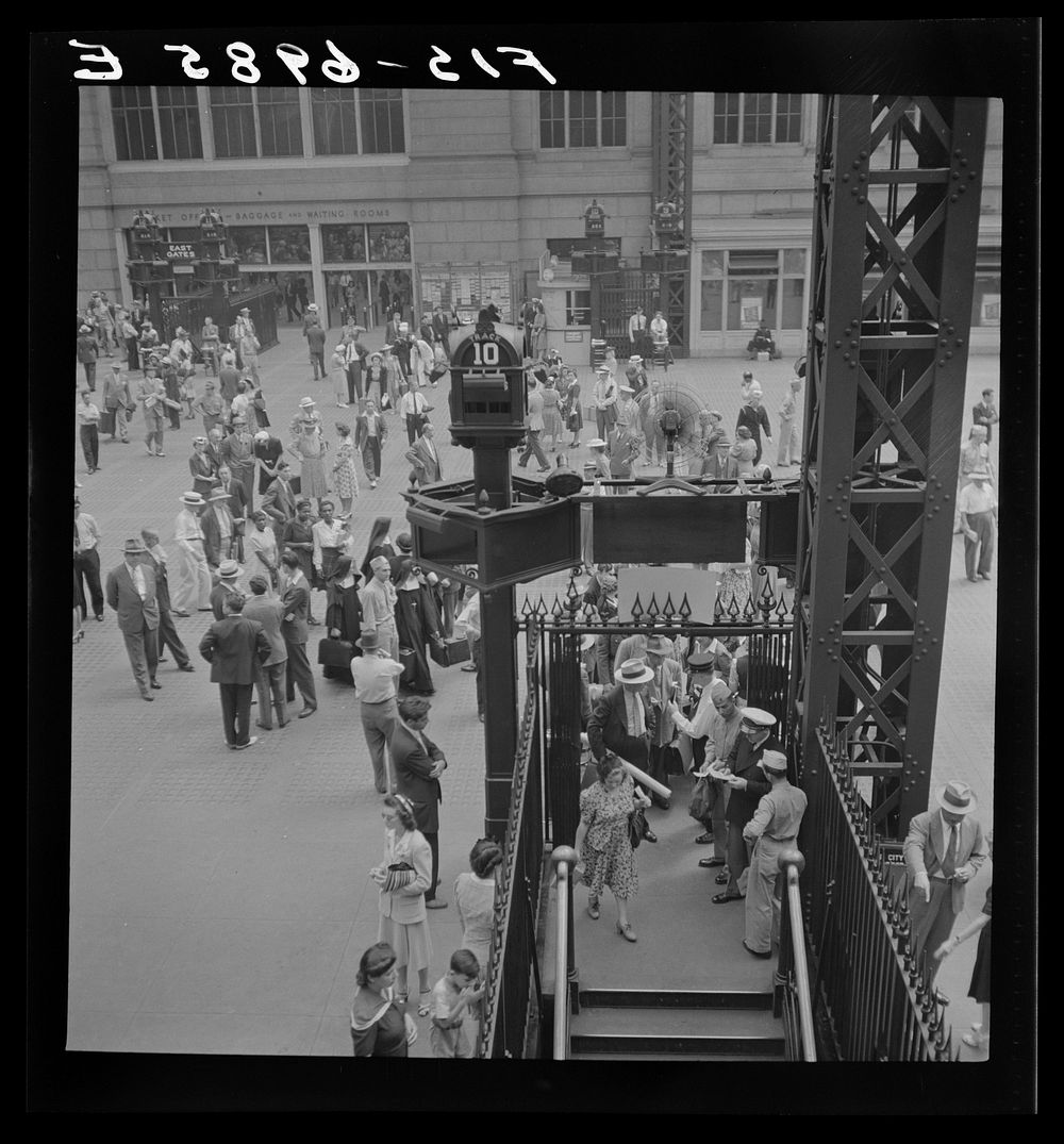 [Untitled photo, possibly related to: New York, New York. Train gate at the Pennsylvania station]. Sourced from the Library…