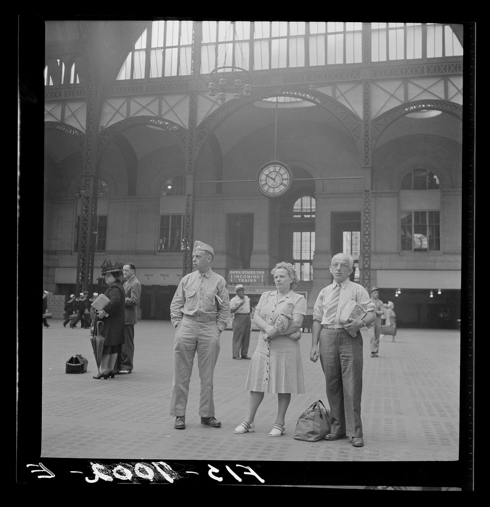 [Untitled photo, possibly related to: New York, New York. Waiting for trains at the Pennsylvania railroad station]. Sourced…