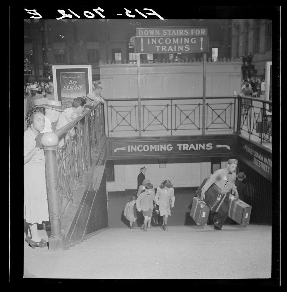 [Untitled photo, possibly related to: New York, New York. Stairway from trains to the concourse at the Pennsylvania railroad…