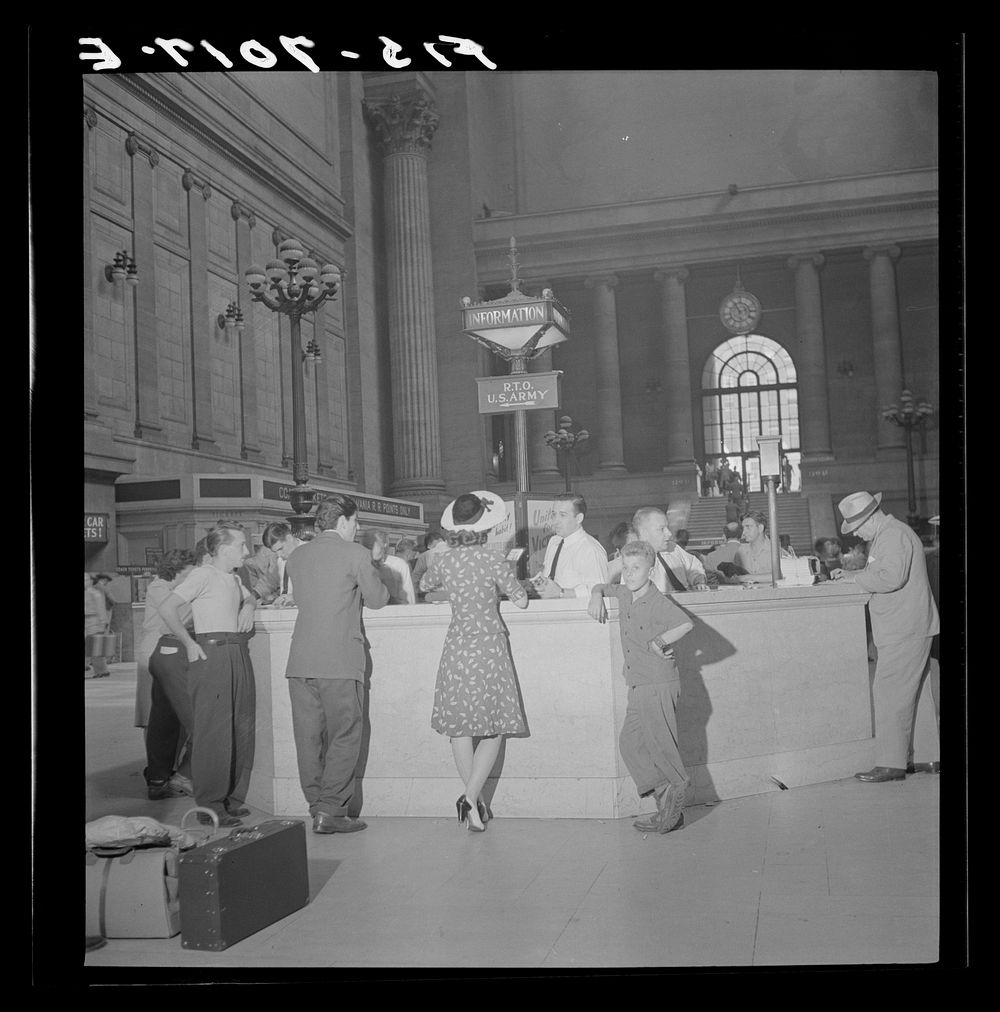 New York, New York. Information booth at the Pennsylvania railroad station. Sourced from the Library of Congress.