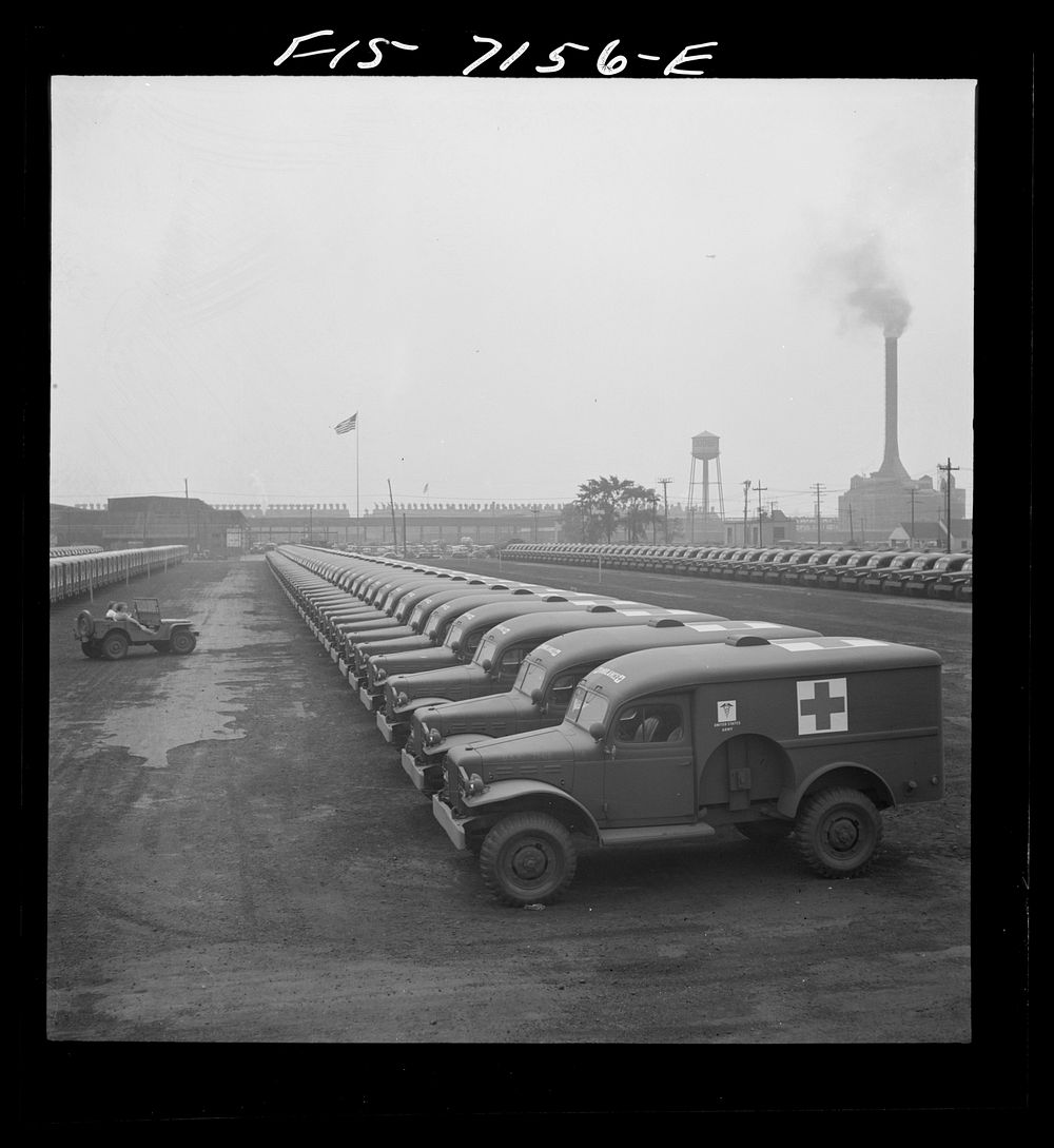 Detroit, Michigan (vicinity). Chrysler Corporation Dodge truck plant. Dodge Army ambulances are here, lined up for delivery…