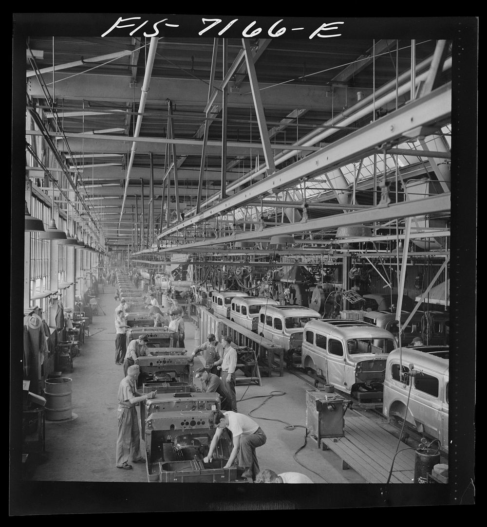 Detroit, Michigan (vicinity). Chrysler Corporation Dodge truck plant. A steady stream of bodies for Dodge Army trucks…