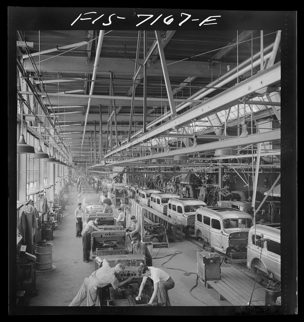 [Untitled photo, possibly related to: Detroit, Michigan (vicinity). Chrysler Corporation Dodge truck plant. A steady stream…