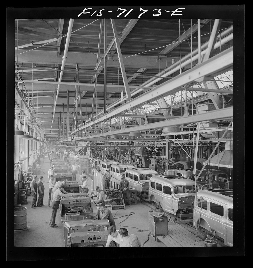 [Untitled photo, possibly related to: Detroit, Michigan (vicinity). Chrysler Corporation Dodge truck plant. A steady stream…