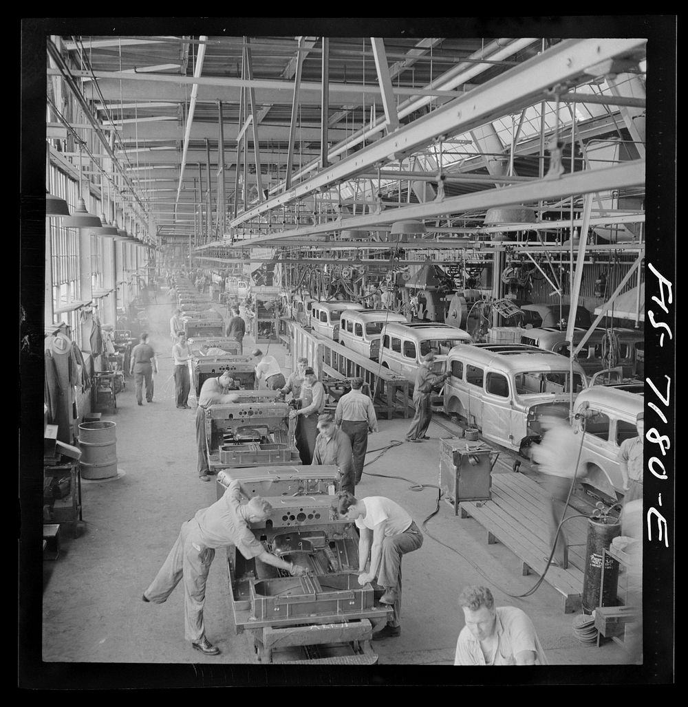 Detroit, Michigan (vicinity). Chrysler Corporation Dodge truck plant. Hundreds of deft operations are required to assemble…