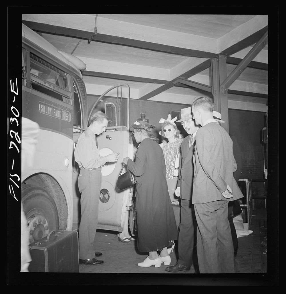 New York, New York. Boarding interstate buses at the Greyhound bus terminal, 34th Street. Sourced from the Library of…