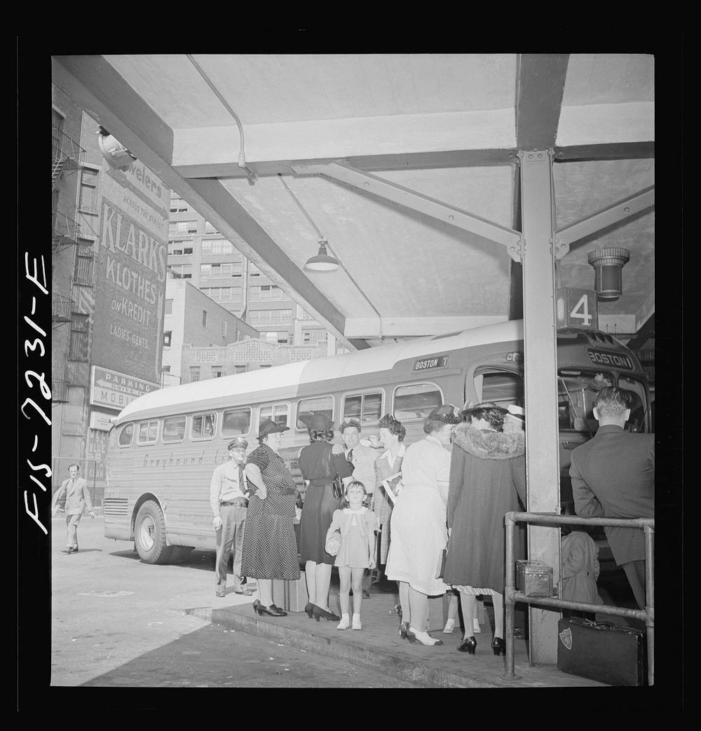 New York, New York. Boarding interstate buses at the Greyhound bus terminal, 34th Street. Sourced from the Library of…