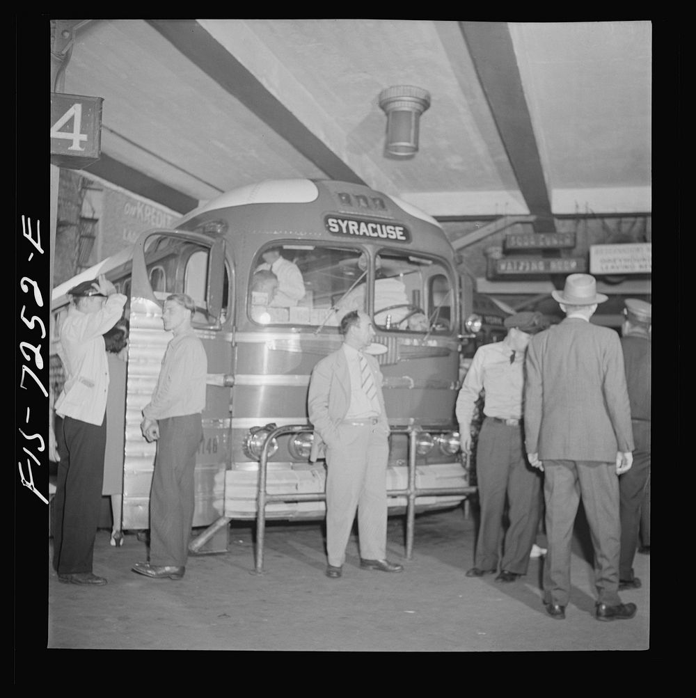[Untitled photo, possibly related to: New York, New York. Boarding interstate buses at the Greyhound bus terminal, 34th…
