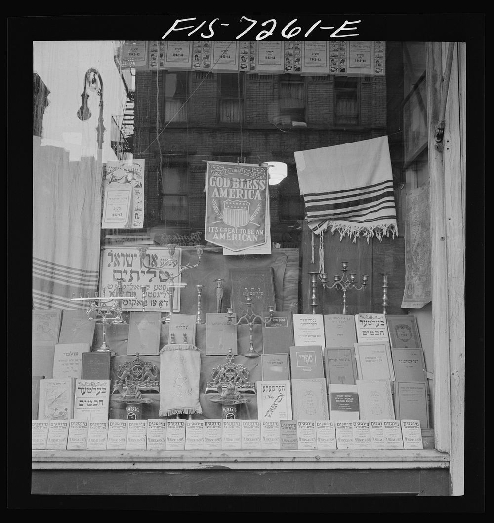 New York, New York. Window of a Jewish religious shop on Broom Street. Sourced from the Library of Congress.